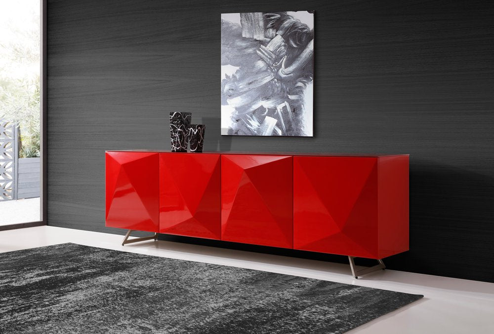 94" Red and Silver Stainless Steel and Metal Console Table