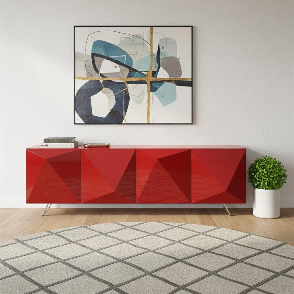 94" Red and Silver Stainless Steel and Metal Console Table