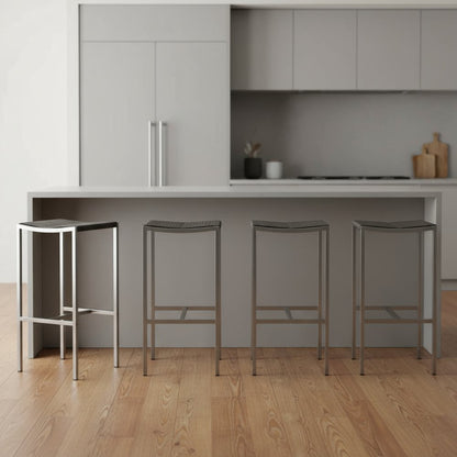 Set of Four 28" Brown and Silver Iron and Steel Backless Counter Height Bar Chairs