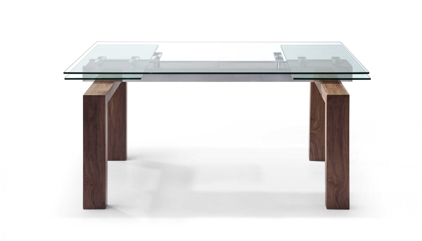 63" Clear and Brown Glass Self-Storing Leaf Dining Table