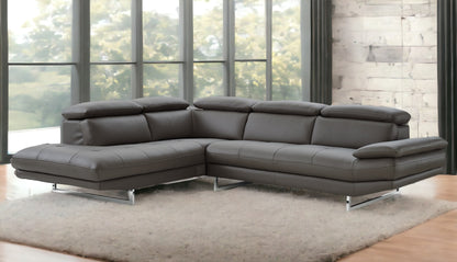 Dark Gray Genuine Leather L Shaped Two Piece Sofa and Chaise Sectional