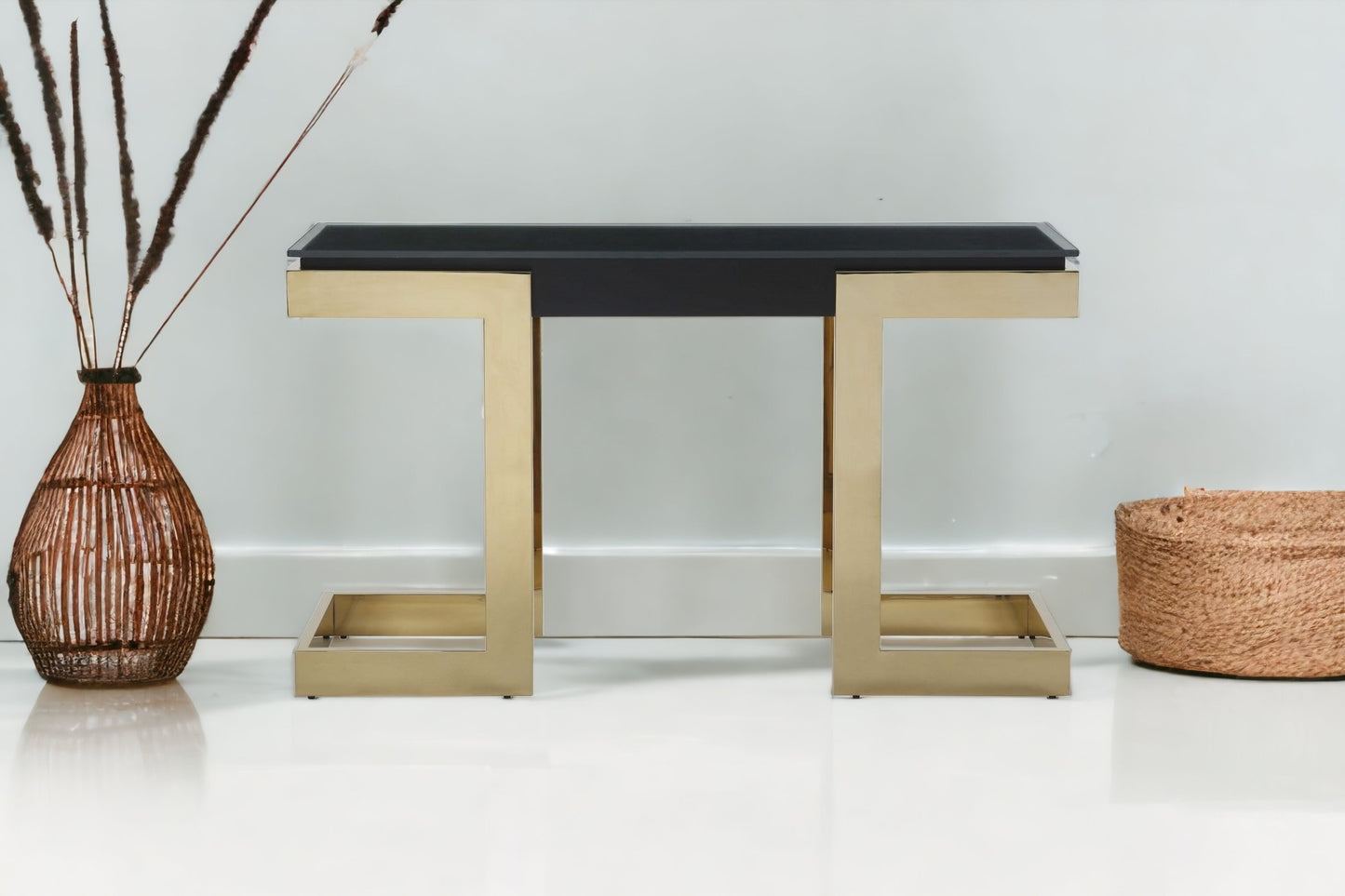 52" Black and Gold Glass Pedestal Console Table