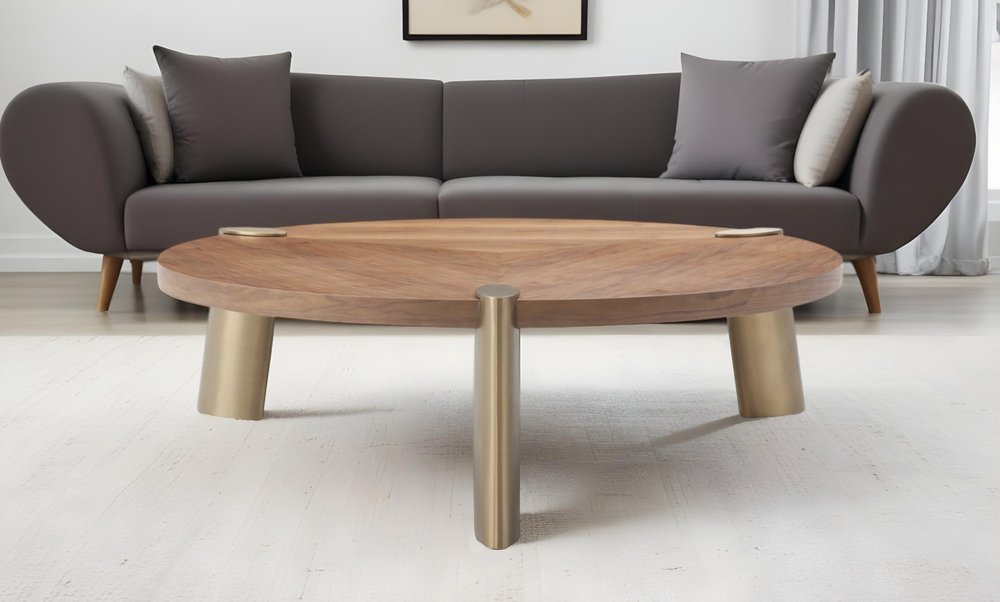 55" Brown and Gold Wood And Stainless Steel Round Coffee Table