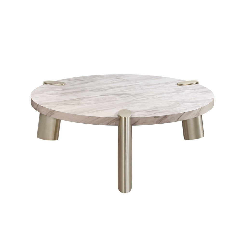 48" White and Silver Marble and Stainless Steel Round Coffee Table