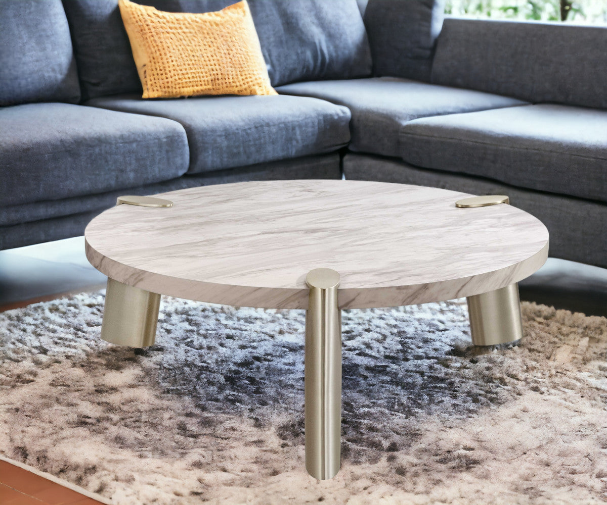 48" Gold And White Genuine Marble Round Coffee Table