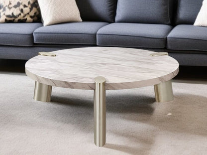 48" White and Silver Marble and Stainless Steel Round Coffee Table