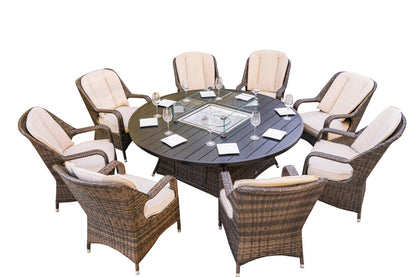 Brown Wicker Round Outdoor Fire Pit Dining Set With 8 Chairs