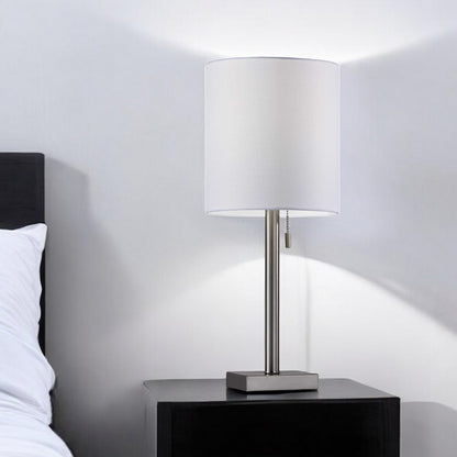 22" Antiqued Brass Metal Cylinder Table Lamp With Off White Drum Shade
