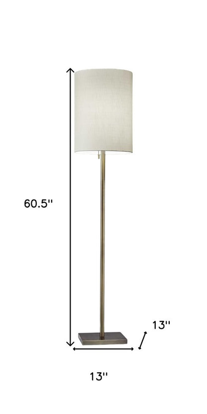 61" Brass Metal Floor Lamp With White Fabric Cylinder Shade
