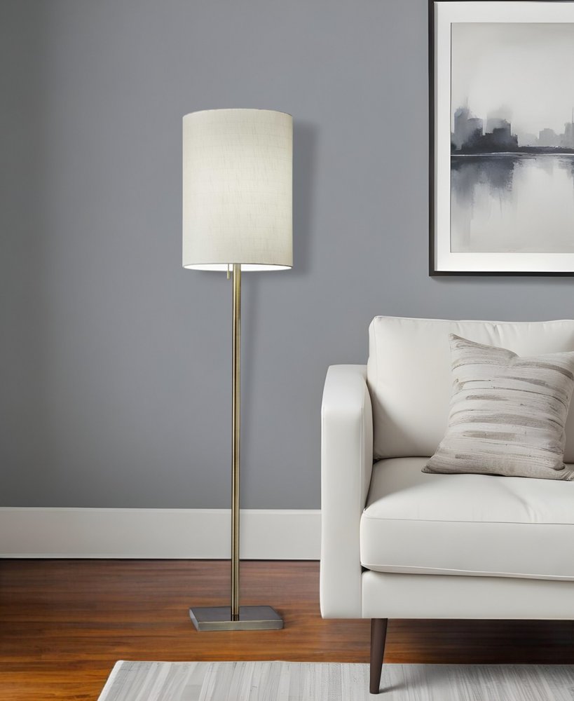 61" Brass Metal Floor Lamp With White Fabric Cylinder Shade