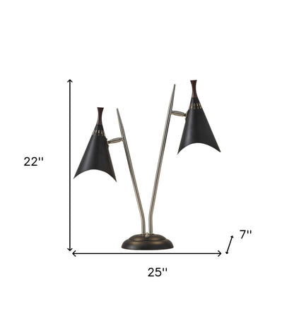 22" Black and Silver Metal Two Light Desk Lamp With Black Cone Shades