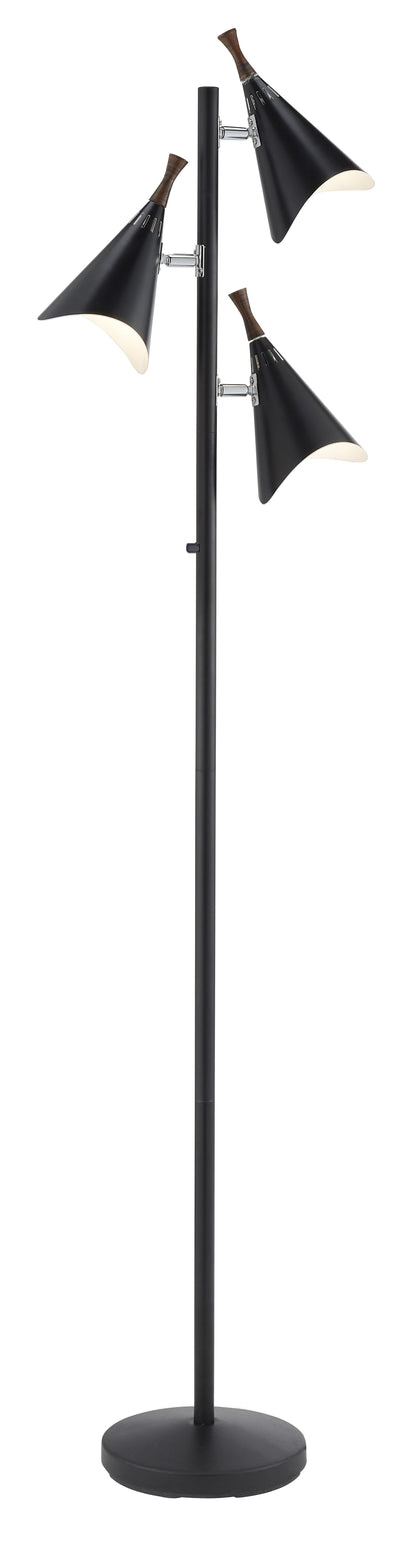 68" Black Three Light Tree Floor Lamp With Black Metal Cone Shade