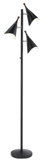 68" Black Three Light Tree Floor Lamp With Black Metal Cone Shade