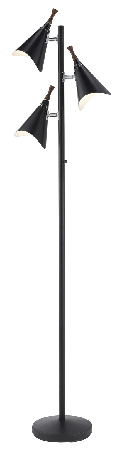 68" Black Three Light Tree Floor Lamp With Black Metal Cone Shade