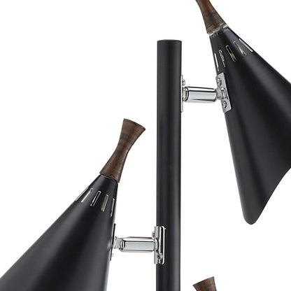 68" Black Three Light Tree Floor Lamp With Black Metal Cone Shade