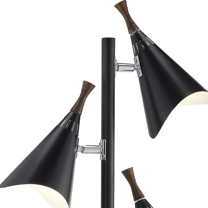 68" Black Three Light Tree Floor Lamp With Black Metal Cone Shade