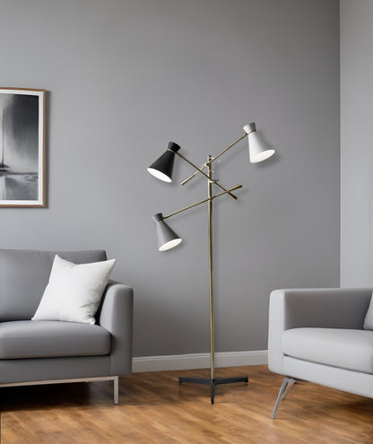 71" Brass Metal Novelty Floor Lamp With Black And White Iron Cone Shade
