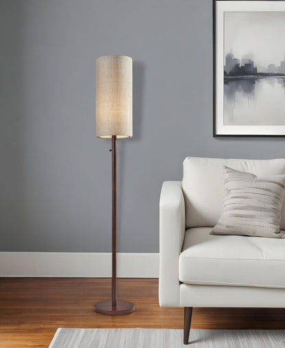 65" Brown Solid Wood Floor Lamp With Beige Linen Drum Shade