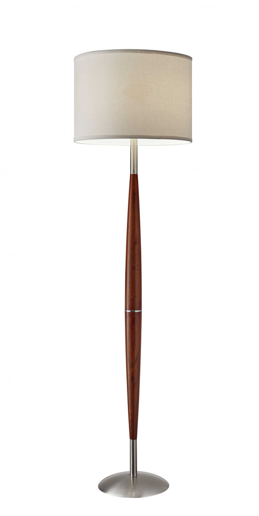 61" Brown Solid Wood Floor Lamp With White Fabric Drum Shade