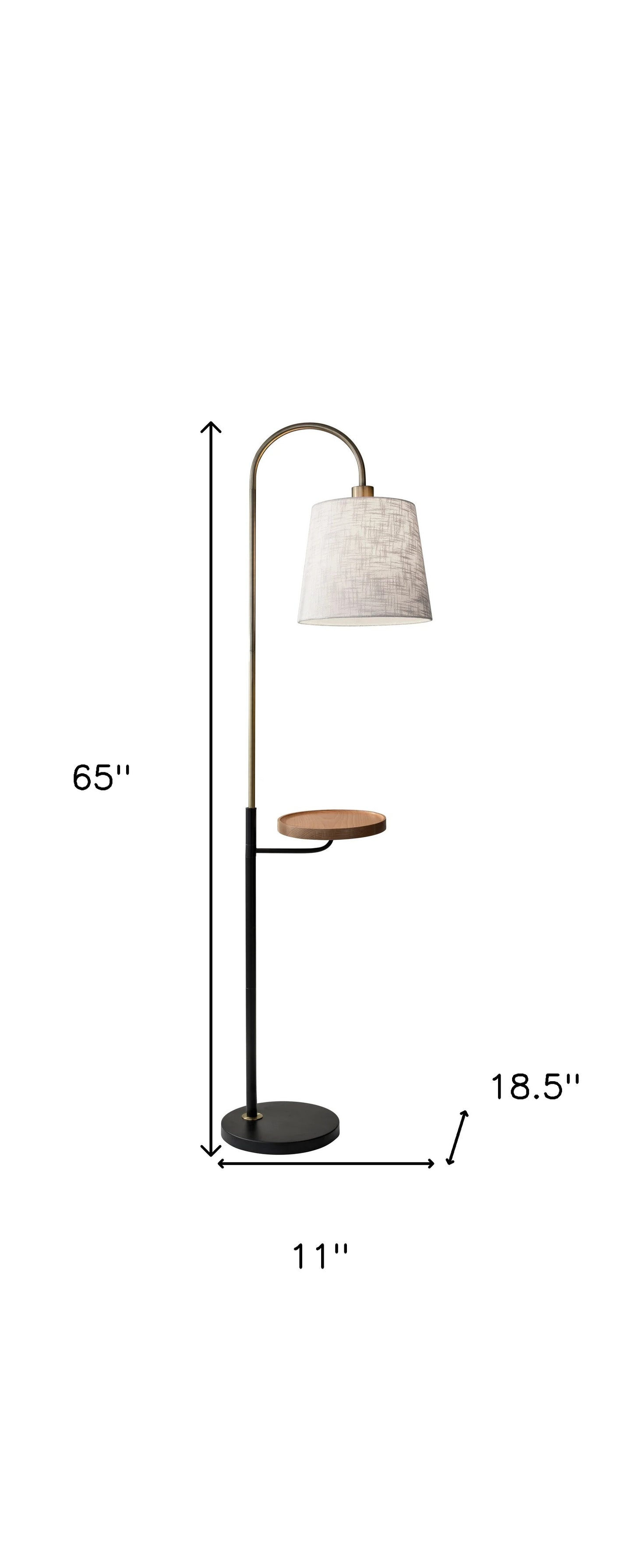 65" Black And Brass Tray Table Floor Lamp With Off White Linen Empire Shade