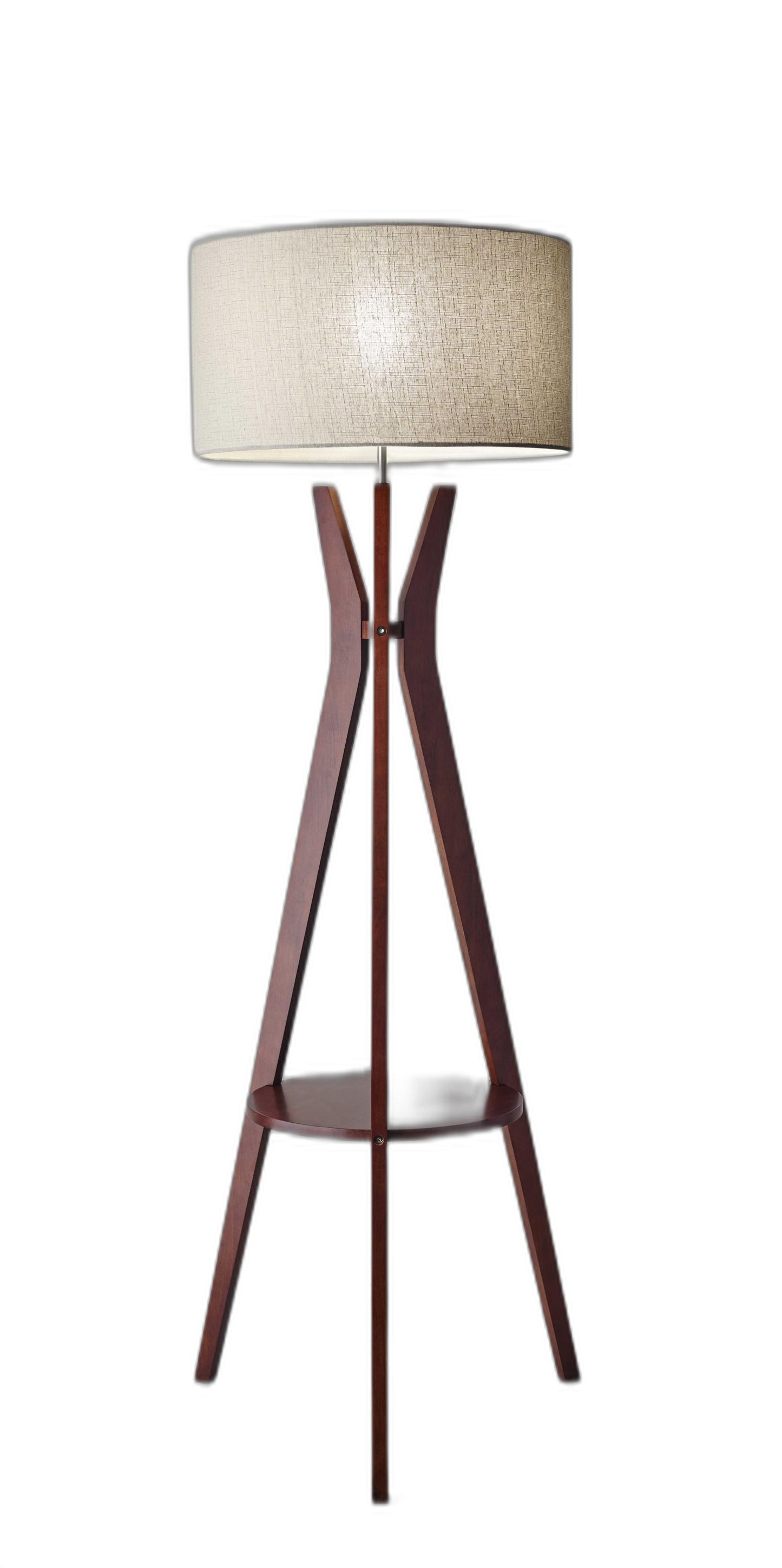 60" Brown And White Solid Wood Tripod Floor Lamp With White Fabric Drum Shade