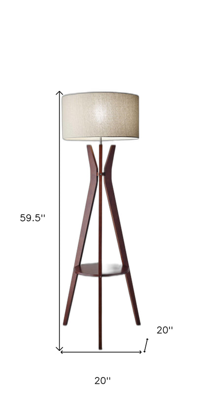 60" Brown And White Solid Wood Tripod Floor Lamp With White Fabric Drum Shade