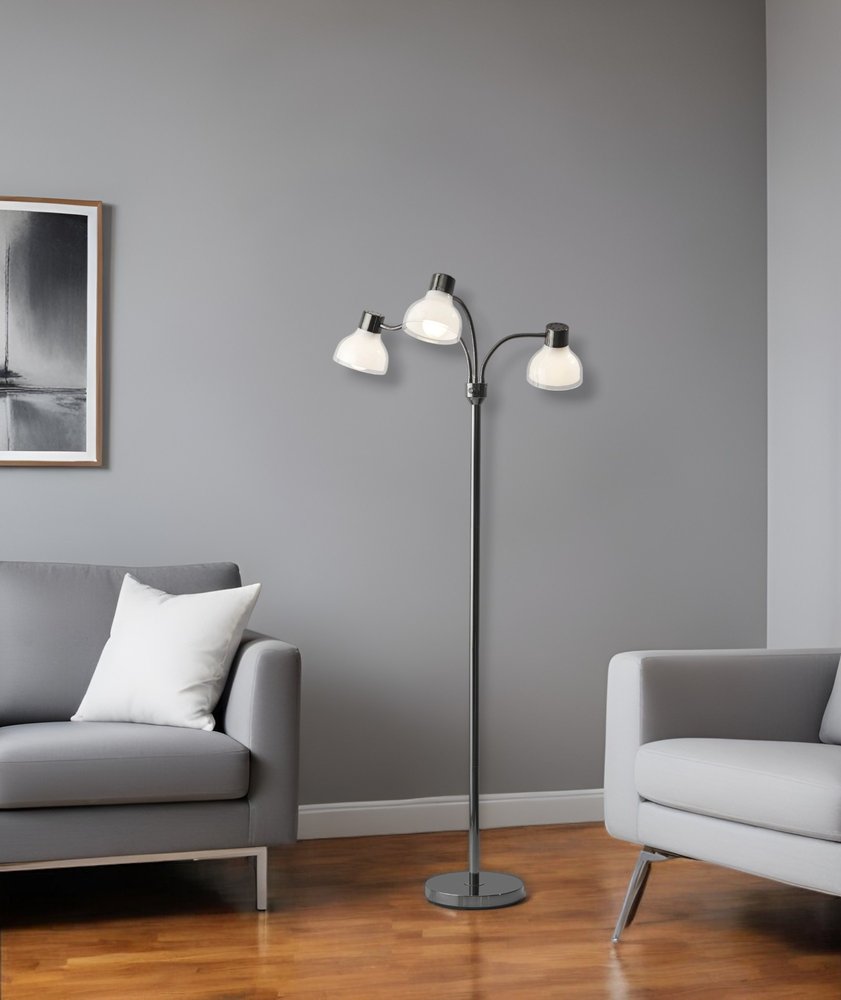 69" Black And White Metal Three Light Tree Floor Lamp With White Bowl Shade