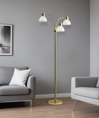 69" Gold Three Light Tree Floor Lamp With Clear Plastic Bowl Shade
