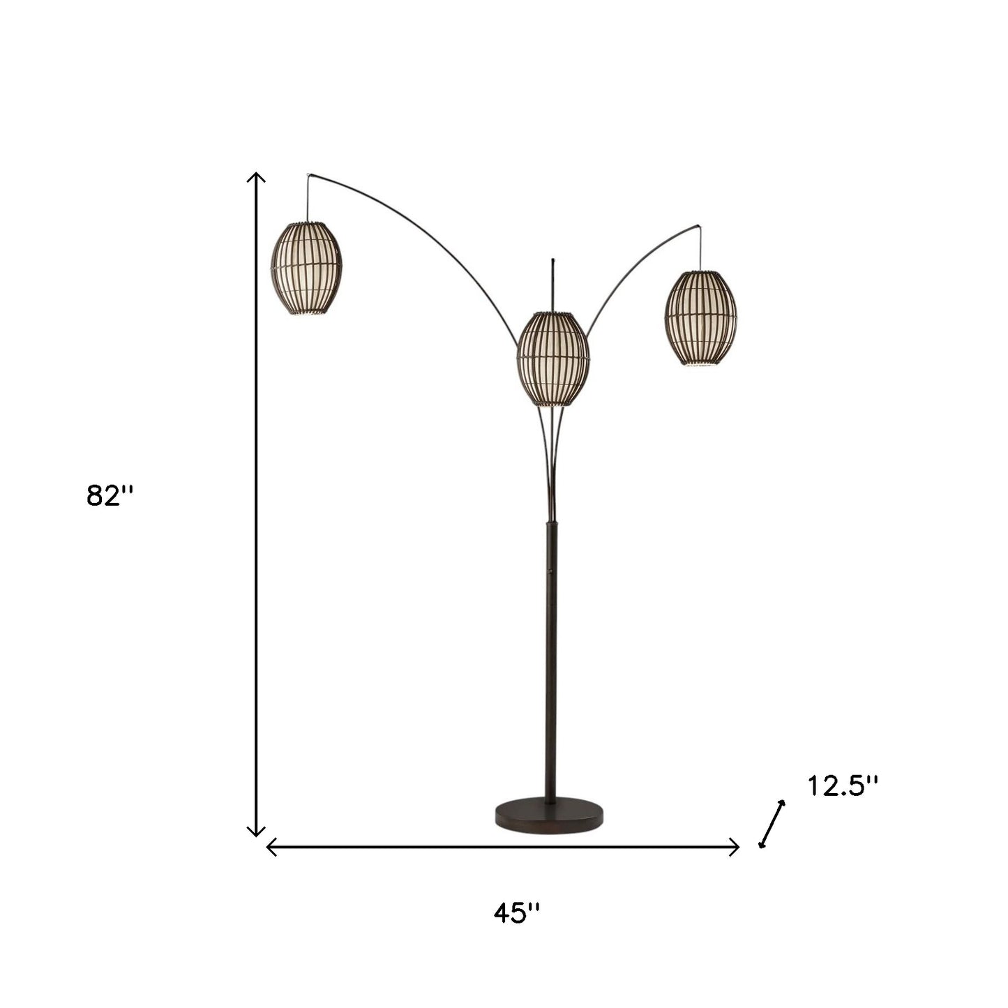 82" Antiqued Bronze Three Light Tree Floor Lamp With Beige Rattan Cage Shades