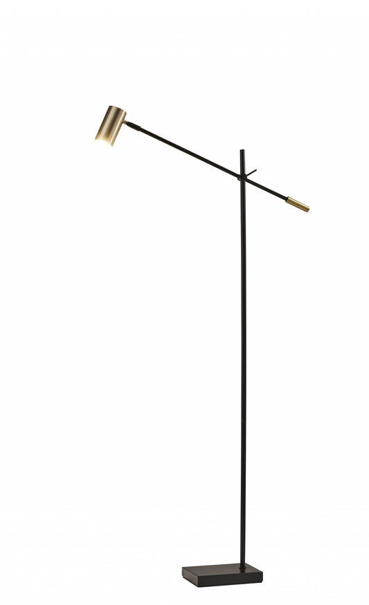 63" Black Adjustable LED Task Floor Lamp With Antiqued Brass Cylinder Shade