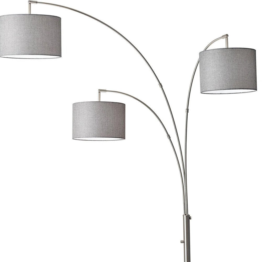 74" Silver Three Light Adjustable Tree Floor Lamp With Gray Linen Drum Shade