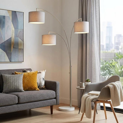 74" Silver Three Light Adjustable Tree Floor Lamp With Gray Linen Drum Shade
