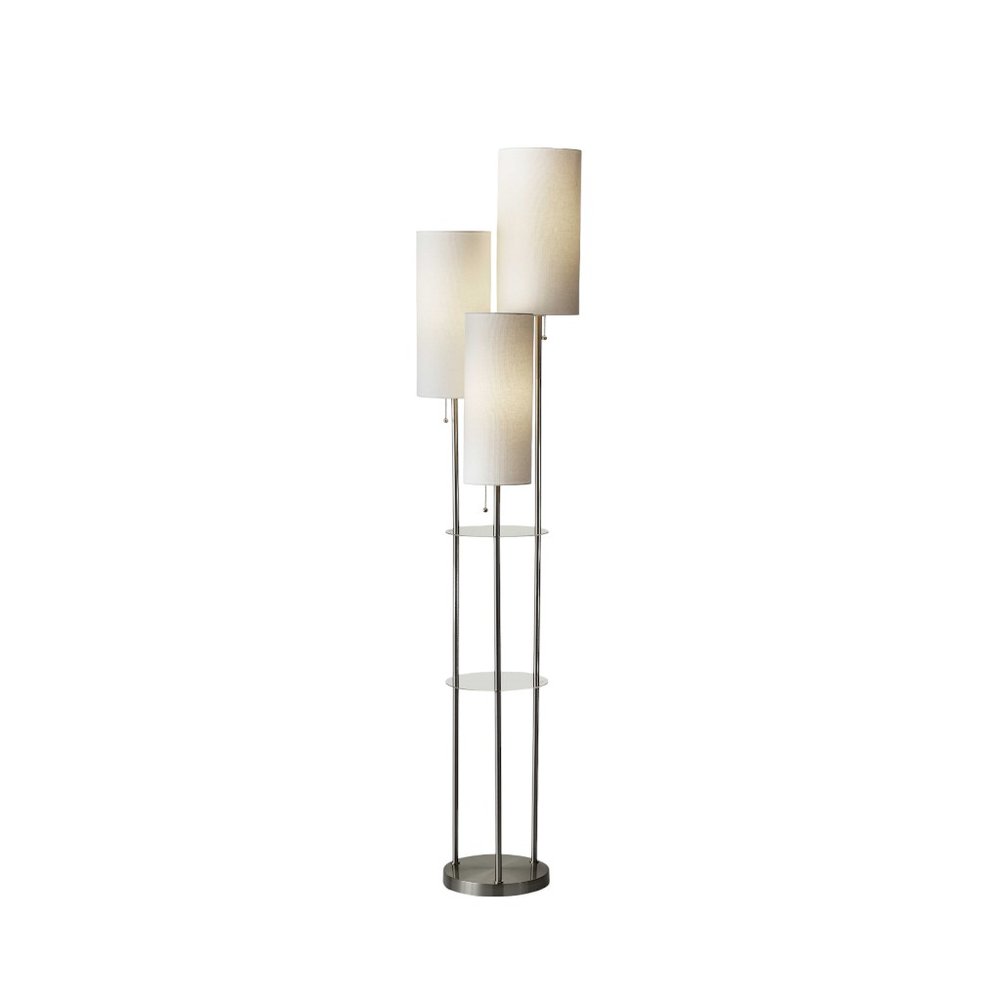68" Silver Three Light Novelty Floor Lamp With White Linen Cylinder Shade