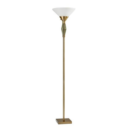 71" Brass Metal Light Changing Torchiere Floor Lamp With White Fabric Cone Shade