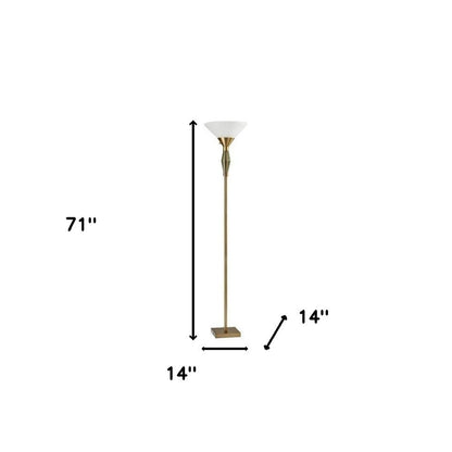71" Brass Metal Light Changing Torchiere Floor Lamp With White Fabric Cone Shade