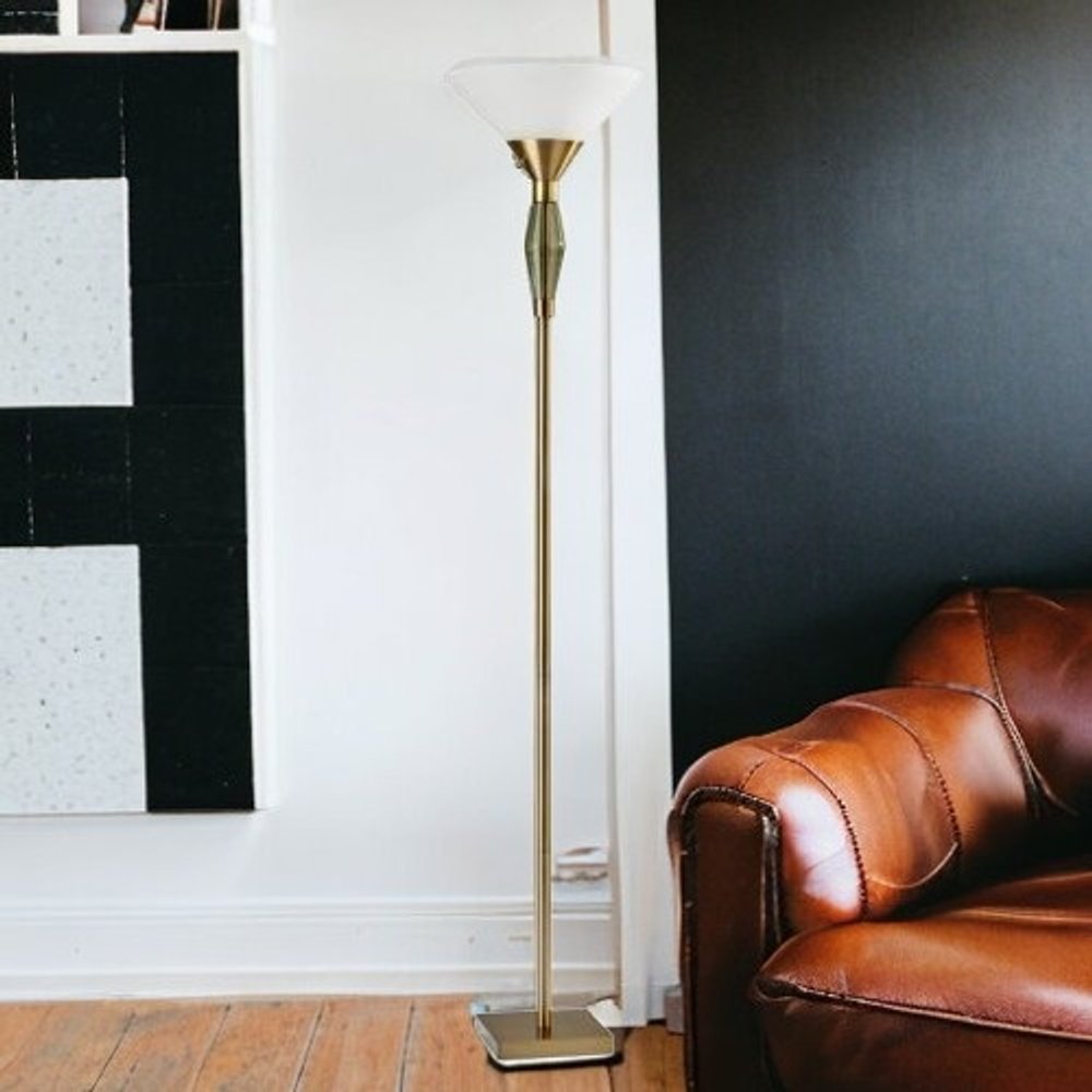 71" Brass Metal Light Changing Torchiere Floor Lamp With White Fabric Cone Shade