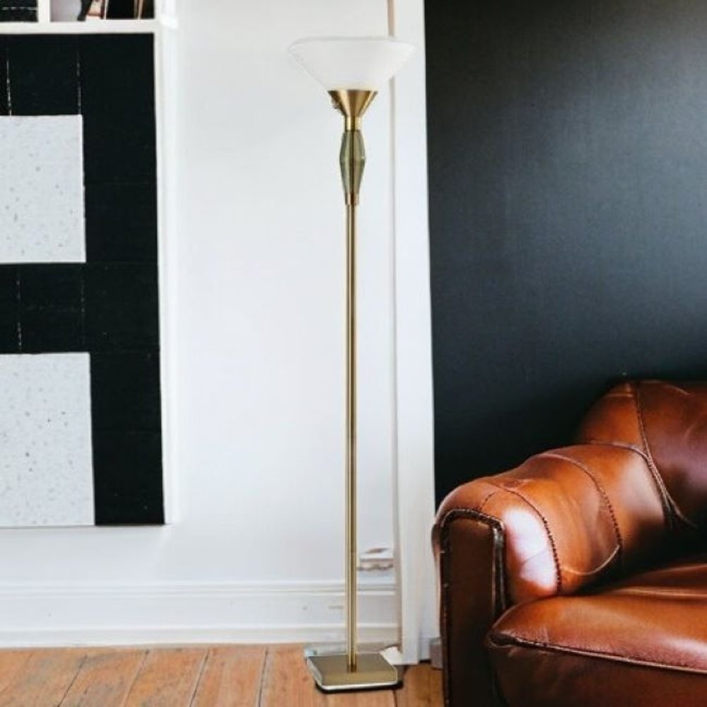 71" Brass Metal Light Changing Torchiere Floor Lamp With White Fabric Cone Shade