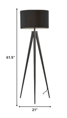 62" Black Tripod Floor Lamp With Black Fabric Drum Shade