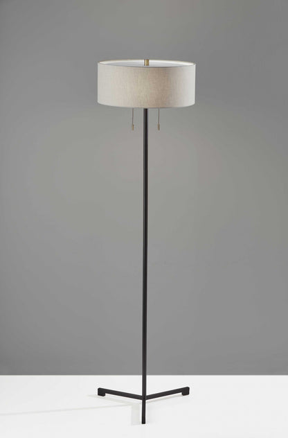 60" Black And White Floor Lamp With White Fabric Drum Shade