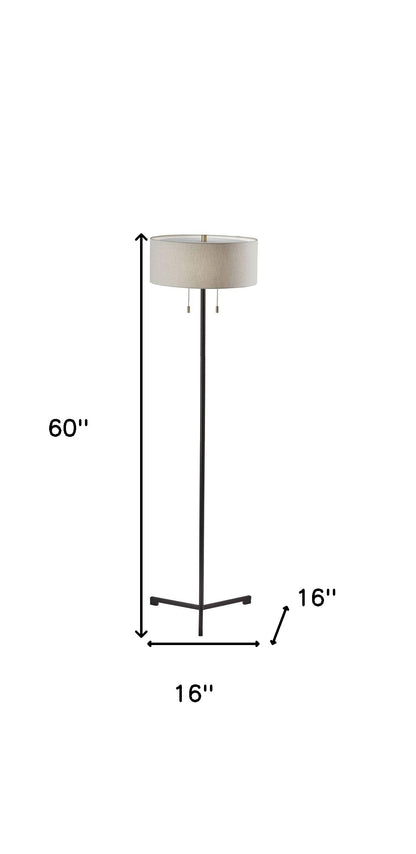 60" Black And White Floor Lamp With White Fabric Drum Shade