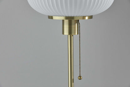 22" Antiqued Brass Table Lamp With White Ribbed Frosted Glass Dome Shade