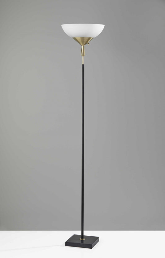 Sleek Torchiere Black Metal Frosted Alabaster Glass Shade