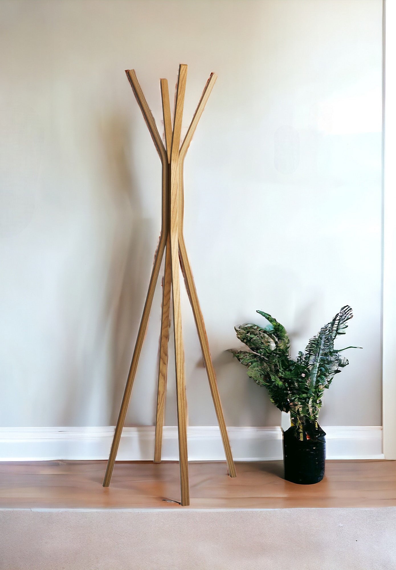 68" Natural Modern Wood Coat Tree Rack