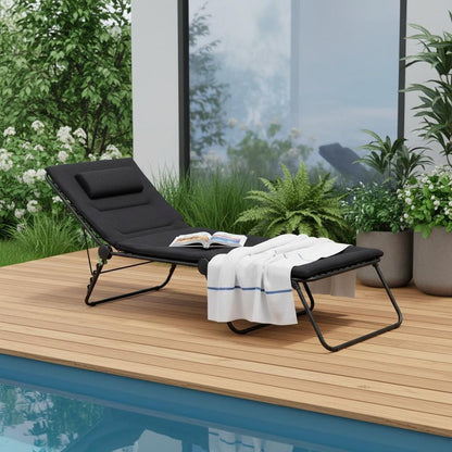 28" Black and Steel Outdoor Chaise Lounge with Black Cushion