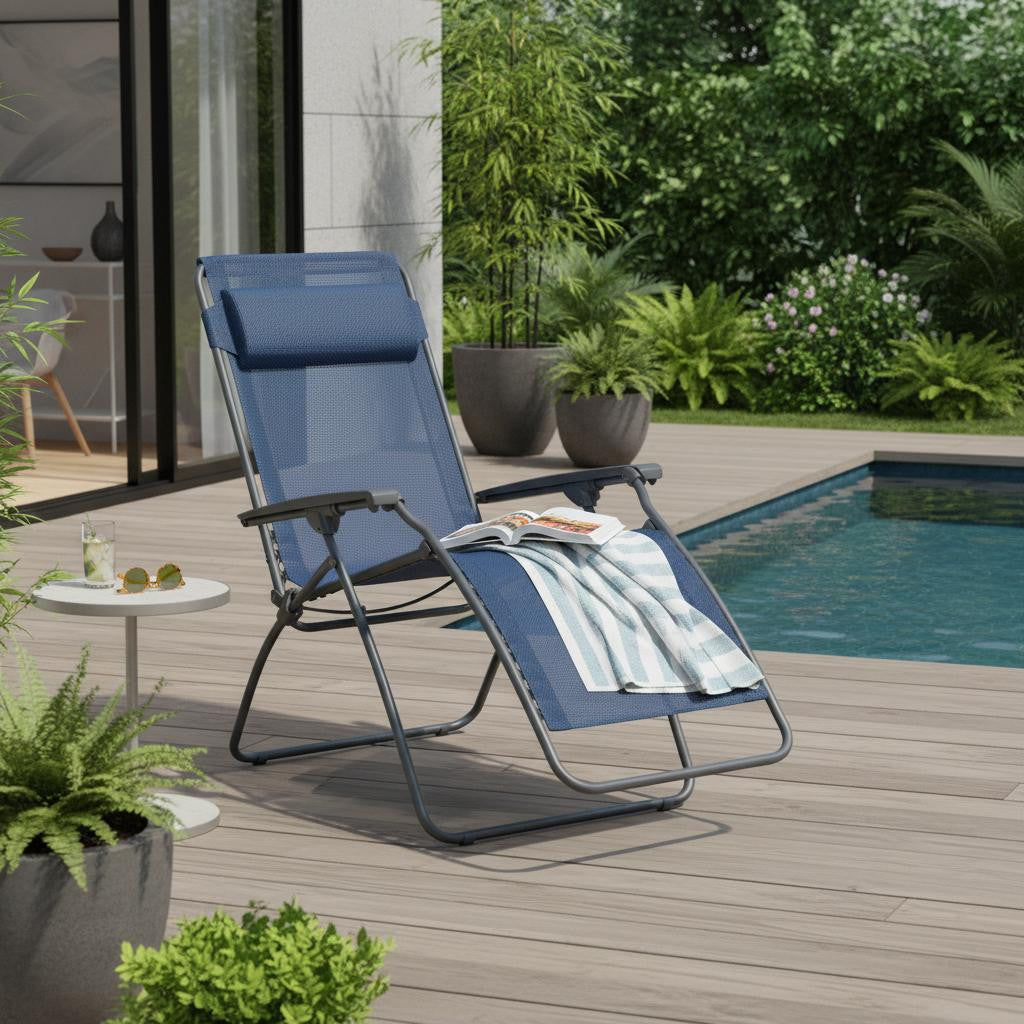 27" Blue Metal Outdoor Zero Gravity Chair with Blue Cushion