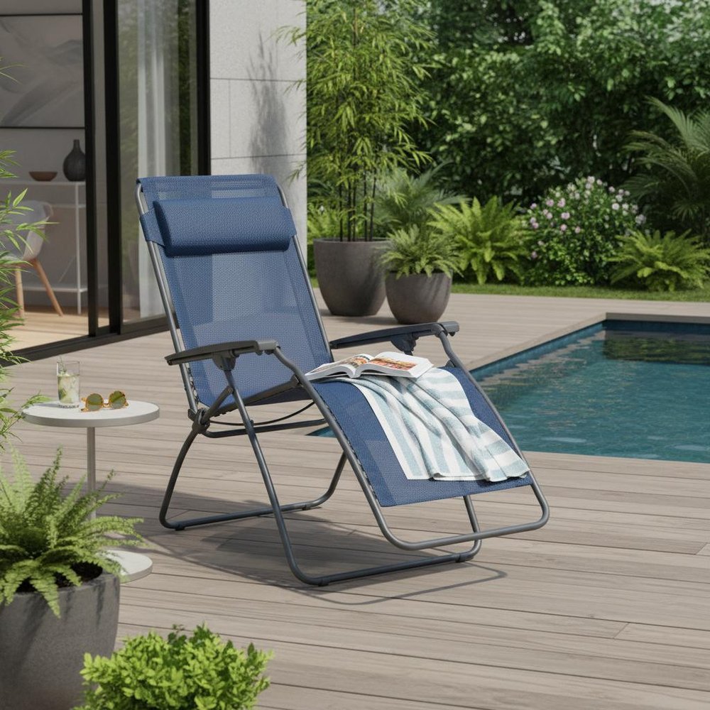 27" Blue Metal Outdoor Zero Gravity Chair with Blue Cushion