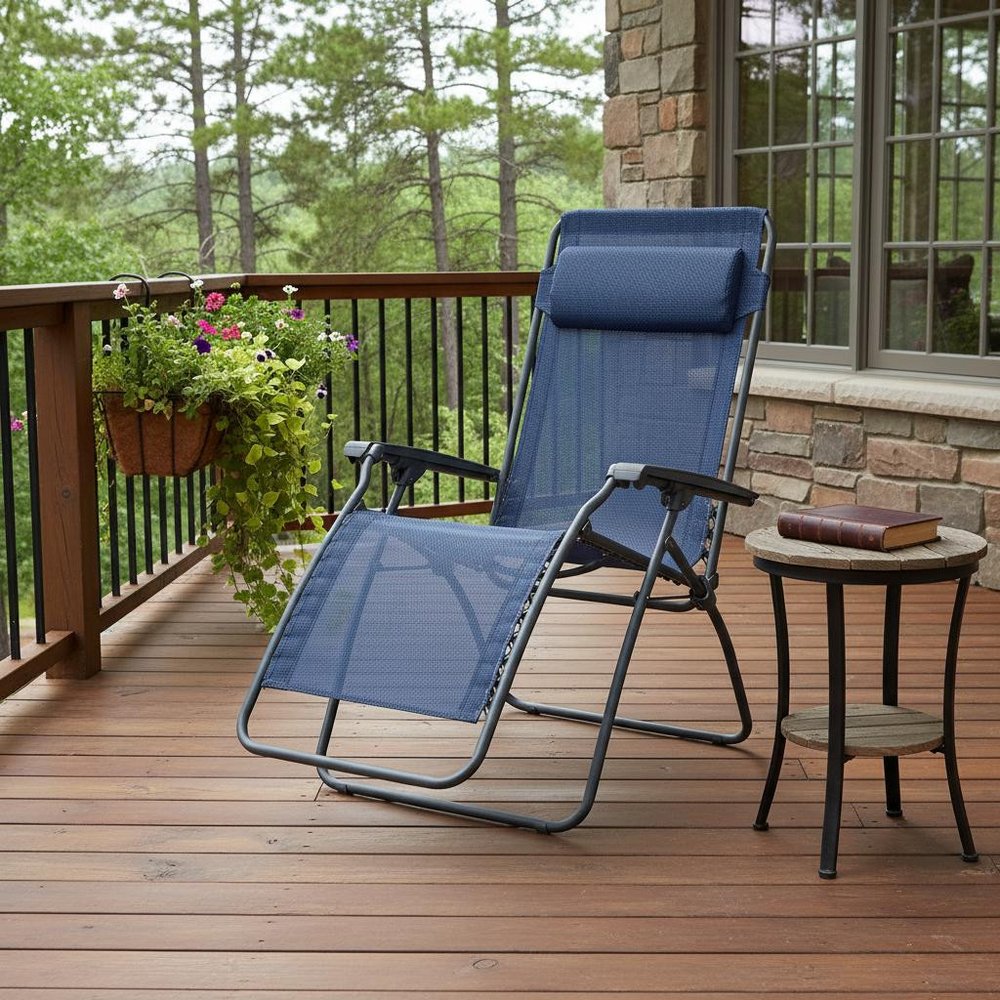 27" Blue Metal Outdoor Zero Gravity Chair with Blue Cushion