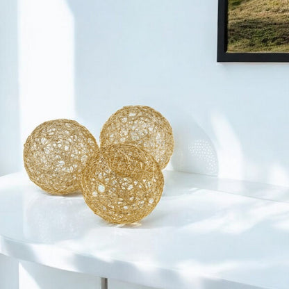 Set of Three Gold Wire Five Inch Decorative Orbs