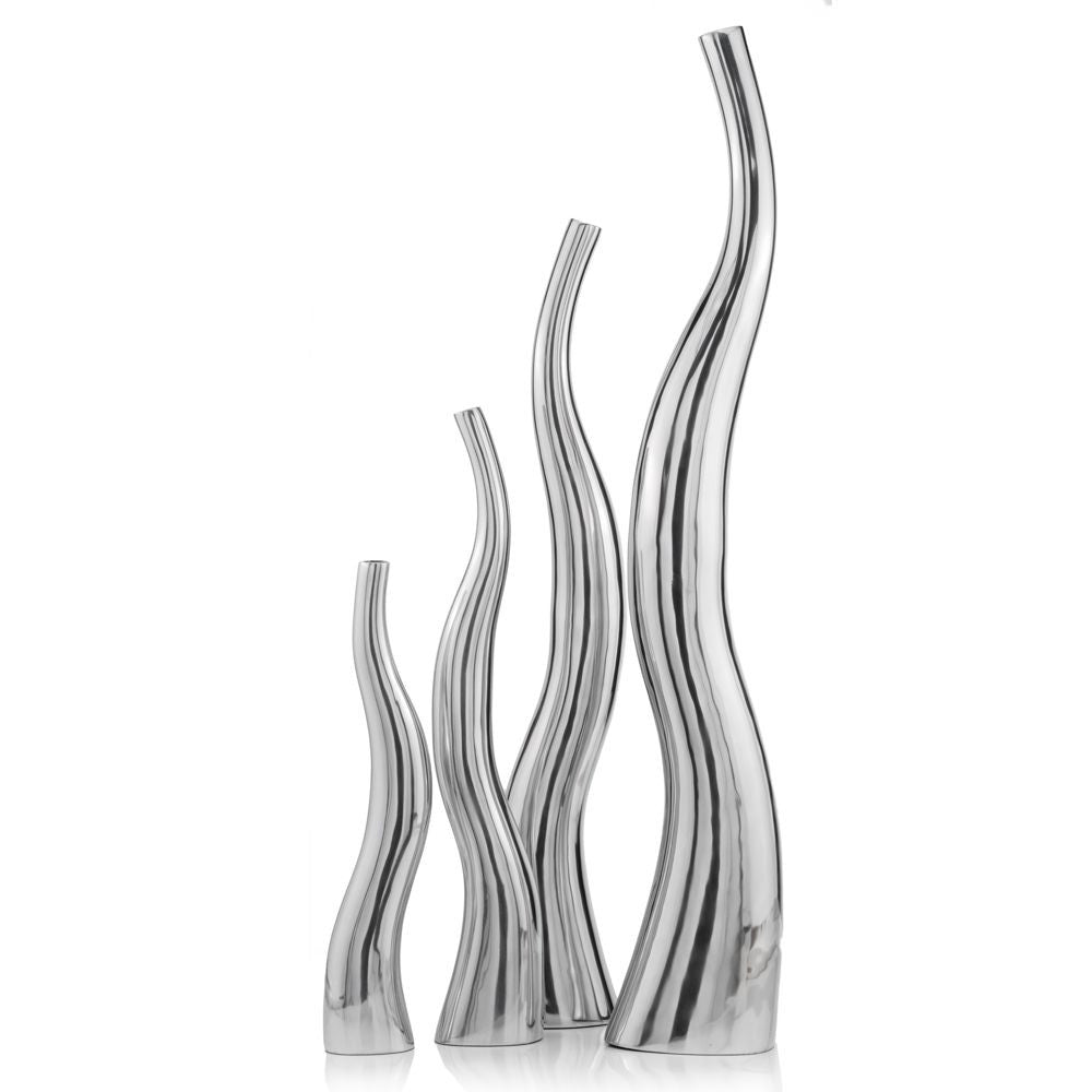 Set of Two Aluminum Silver Wavy Floor Vases