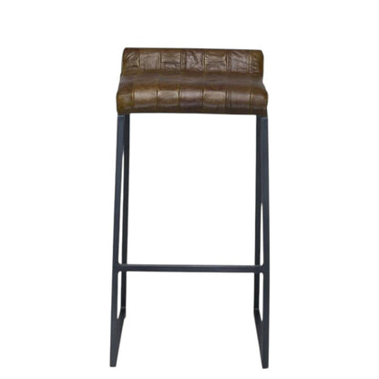 27" Brown And Black Genuine Leather And Iron Backless Counter Height Bar Chair